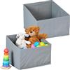 Relaxdays Scatola da Scaffale Libreria, 2 Box Pieghevoli HLP: 22-30x37x34 cm, Ceste Porta Giochi Aperte, Tessuto, Grigio, Cotone