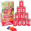 Relaxdays Tiro al Barattolo per Bambini, Giochi da Giardino, 10 Lattine e 3 Sacchi, per Feste di Compleanno, Rosso