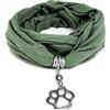 Vestopazzo sciarpa gioiello in tessuto jersey verde scuro con pendente impronta zampa realizzato a mano in alluminio 100% riciclato. Nickel tested AL18051