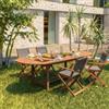 DEGHI Set pranzo tavolo allungabile 180/240x100 cm e 4 sedie pieghevoli con braccioli in legno di acacia e corda grigia - Yadira