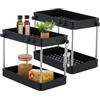 Relaxdays mensole sotto lavabo Organizer Mobile Sottolavello, Set da 2 Scaffali a 2 Ripiani, 4 Ganci, Prodotti Pulizia, HLP 32x40x22 cm, Nero, Acciaio Inox