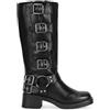 BOSANOVA Stivali alti stile biker realizzati con dettaglio ad anello metallico e fibbie decorative sulla canna e suola piatta con tacco leggero da 4,7 cm senza chiusura. Scarpe da donna, Nero , 36 EU