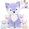 MorisMos Volpe Peluche Gigante XXL, 48cm Viola Mamma Volpe con 4 Kawaii Bambino Realistico Animali di Peluche Grande Regalo per Ragazzi Ragazze Compleanno Natale Deco