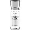 Smeg, Macinacaffè CGF01WHEU, Livello di Macinatura Regolabile, 3 Step di Macinatura, Contenitore Caffè Macinato da 130g, 6 Funzioni per Caffè Americano, con Sistema Antistatico, 150W, Bianco