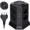 NVEESHOX Ciabatta Multipresa con 8 Prese Universali Ciabatta Schuko(4000W 10/16A) & 2 USB-C (20W PD3.0) & 2 USB-A, IT Multipresa Verticale Ciabatta con Interruttore con Interruttore,Cavo 2 M (Nero)