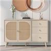 PD1 Credenza Moderna per Soggiorno con 2 Ante in Rattan e 3 Cassetti, Multiuso e Spaziosa, Bianco