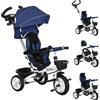 HOMCOM Triciclo Passeggino per Bambini con Maniglione, Parasole Regolabile e Cintura di Sicurezza, Blu Scuro|Aosom