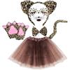 XNIVUIS Leopardo Costume Set,Sticker di Arte Facciale Leopardiana,Fascia per Capelli Leopardiana Papillon Coda Guanti Gonna Tutù,Accessori Leopardati Per Bambini Carnevale Halloween Party(Marrone)