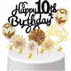 Conruich Decorazione per Torta di Compleanno 10 Anni Ragazzo Ragazza, Nero Oro Cake Topper, Palloncini Coriandoli Oro per Festa Bambino
