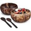 Relaxdays Set di 2 Ciotole in Noce di Cocco, con Cucchiai di Legno, Scodelle per la Colazione, Poke, D: 13 cm, Marrone