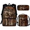 NETILGEN Set di 3 borse per la scuola + astuccio per il pranzo + astuccio per il pranzo, grande, per bambini, ragazzi e adolescenti, da viaggio, personalizzabili, Lupo marrone, Taglia unica