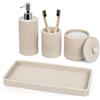 LeucSuiok Set di accessori da bagno, 4 pezzi, dispenser per sapone e lozione, portaspazzolino, dispenser porta Qtip, vassoio per la decorazione del piano di lavoro del bagno, organizer per cosmetici, beige