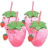 AMJKEJI Bicchieri con Cannuccia e Coperchio, 4 Pezzi 500 ml Bicchiere alla Fragola Plastica Kawaii Bicchieri da Latte, Plastica Tazza per Smoothie, Bubble Tea, Cocktail, Whisky, Riutilizzabile