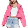 UnoSheng Giacca da donna in jeans con frange di strass strappate, senza pancia, casual, con nappe, rosa intenso, S
