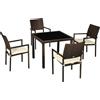 VivaGarden Set Esterni Rattan PE 5 Pezzi Tavolo Giardino Vetro 4 Sedie Marrone