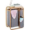 Relaxdays Cesto Portabiancheria in Bambù, 3 Sacchi di Stoffa, Mobiletto Bagno, HLP: 70x49x33,5 cm, Naturale Grigio