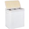 Relaxdays Cesto Portabiancheria Rettangolare, Coperchio, 3 Scomparti Porta Biancheria, 62x62,5x42,5 cm, bambù, Bianco, Poliestere