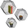 Relaxdays Set da 3 Mensole da Parete, Scaffali in Metallo, Design a Rete, Forma Esagonale, Diverse Dimensioni, Nero, Ferro