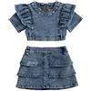 Verve Jelly T-Shirt a Maniche Corte da Bambina per Bambina Piccola Top Corto in Denim Gonna a Strati a Trapezio 2 Pezzi Set di Vestiti Primaverili Estivi, Blu, 110 (3-4 Anni)