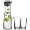 WMF Basic - Set di 3 caraffa per acqua da 1 l, con 2 bicchieri da 250 ml, caraffa in vetro con coperchio, coperchio in silicone, caraffa per acqua con coperchio, chiusura a scatto