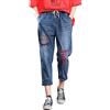 CLKPEN Jeans da donna estivi con fiori, ricamati, per il tempo libero, pantaloni estivi leggeri, per donna, jeans a vita alta, elastico in vita con coulisse, casual, largo, jeans estivi, C rosso., L