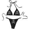 JasmyGirls Costume da bagno da donna con motivo teschio a triangolo, tanga sexy, 2 pezzi, bikini, costume da bagno, festival, rave, abiti con strass, reggiseno top, L
