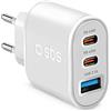 SBS Caricatore da 55W totali, 2 uscite USB-C Power Delivery 45W a ricarica ultrarapida e 1 USB-A da 10W, caricabatterie da muro per iPhone, Samsung Oppo, Xiaomi, tablet e laptop