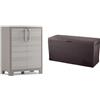 AS ONE Keter Armadio Basso Gulliver Xl Con 2 Ripiani Regolabili, Bianco, 80 x 44 x 100 cm, 9 Kg & Keter 231317 Baule, Comfy Marrone, 116.7 x 44.7 x 57 cm