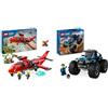 LEGO City Aereo Antincendio, Giocattolo dei Vigili del Fuoco per Bambini e Bambine da 6 Anni in su & City Monster Truck Blu, Giocattolo Fuoristrada Off-Road da Costruire