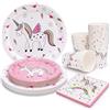 PARTY GO Set di stoviglie per feste a tema unicorno, arcobaleno, per ragazze, include piatti da dessert, tazze, tovaglioli, stoviglie per 24 ospiti, 96 pezzi