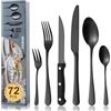 BEWOS set posate da 72 pezzi con coltelli da bistecca per 12 person, posate in acciaio inox nero, set di coltelli, cucchiai, forchette con lucidatura a specchio, lavabili in lavastoviglie