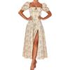 MAHUAOYIXI Vestito Lungo Elegante Donna Abito Manica Corta Estivo Vestito Stampa Floreale Donna Sexy Ragazza Abito da Cerimonia Donna Abito da Spiaggia Casual Mare Festa (Giallo, M)