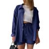 MSIYOW Tuta Donna Camicia a Maniche Lunghe e Pantaloncini in Lino Completo Donna Casual Y2K Set di 2 Pezzi Primavera Autunno (M, Blu scuro)