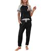 semen Set da donna in due pezzi per abbigliamento da lounge tuta a maniche corte, girocollo patchwork t-shirt + pantaloni elastici in vita Jogger Nero 12