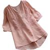 DGZTWLL Top in lino da donna estivo casual mezza manica scollo a V Henley camicia basic comoda morbida tunica allentata magliette camicie camicette, Rosa, 4X-Large