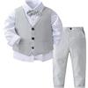 Alvivi Smoking da Bambino Abito Completo da Battesimo Bimbo Completini da Cerimonia Neonato 4 Pezzi Gilet Camicia Fiocco Pantaloncini Set di Vestiti Formale Tuta per Festa Grigio 2-3 Anni