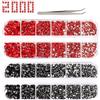 PHOGARY 2000+ strass per fai da te, colori rosso e nero con retro piatto, in 6 misure con pinzette, per unghie, viso, vestiti, scarpe, borse, custodie fai da te