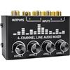 Aveek Mini mixer audio Aveek, piccola console di missaggio a 4 canali RCA stereo a bassissimo rumore con controlli di volume individuali per microfoni, chitarre, tastiere, bassi, mixer da palco