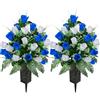 SIFOEL 2 pezzi fiori artificiali del cimitero con il vaso, fiori artificiali della tomba della rosa per la decorazione della lapide del cimitero (Dark Blue&White-24T)