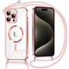 Oelrstfe Magnetica Cover per iPhone 15 Pro Max 6.7 con Cordino Regolabile, Compatibile con MagSafe,Trasparente Custodia con Collana Tracolla Laccio Collo TPU Silicone Lanyard Case Antiurto, Rosa