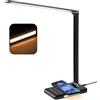 BIENSER Lampada da Scrivania LED con Ricarica Wireless 10W, Funzione di Ricarica USB, 600LM Lampada da Tavolo con 10 Livelli di Luminosità × 5 Colori, Luce Notturna, Memoria, Timer Auto, 6000K, 24W