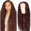 Creuost 4X1 Lace Frontal Wigs Human Hair Curly Wave Lace Front Wig For Women Middle Part Front Parrucca Human Hair Wigs Brazilian Virgin Hair With Baby Hair Wig #4 Chocolate Brown Color 30 Pollice
