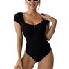 Ausla Costume da Bagno Intero da Donna con Cerniera Manica Corta Snellente Bikini Sottile Moda Tinta Unita per Spiaggia, Piscina(XXL-Nero)