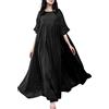 Lazutom Per donna Casual Cotone Lino Abiti Tinta unita Larga Girocollo Manica corta Flusso Swing Maxi Abito, Nero , 54