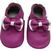 Bemesu primi passi scarpe striscianti per bambini pantofole in pelle pantofole per bambini in morbida pelle per ragazze e ragazzi fiocco viola (L, 12-18 M, EU 21-22)