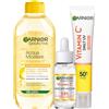 Garnier Kit SkinActive Acqua Micellare Illuminante con Vitamina C, Siero Rimpolpante Anti-Macchie con Vitamina C, e Fluido Anti-UV Quotidiano Anti-Macchie Glow SPF 50+, 400 ml + 30 ml + 40 ml