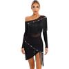 Freebily Vestito da Ballo Donna Latino Americano Tango con Strass Nappa Lustrino Abito da Danza Classica Lirica Samba con Orlo Asimmetrico Costume da Valzer Sala da Ballo Nero XL
