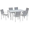 Outsunny Set da Giardino da 7 Pezzi, con 6 Sedie Impilabili con Tessuto a Rete in Alluminio e Tavolo da Pranzo in Vetro Temperato, Grigio