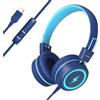 Bywulanda Cuffie per bambini con luci a LED per la scuola, Aggiornamento USB Tipo C Cuffie per bambini con microfono, Limite di volume 85/94dB, Cuffie cablate per ragazzi/ragazze/tablet/viaggi -Blu