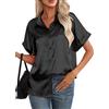 Maeau - Camicia da donna in raso, con bottoni, a maniche corte, casual, con scollo a V, in seta, estiva, Nero , L